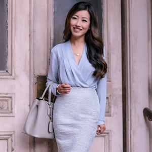 NWT ANN TAYLOR SILKY WRAP BLOUSE SZ MED BLUE GRAY